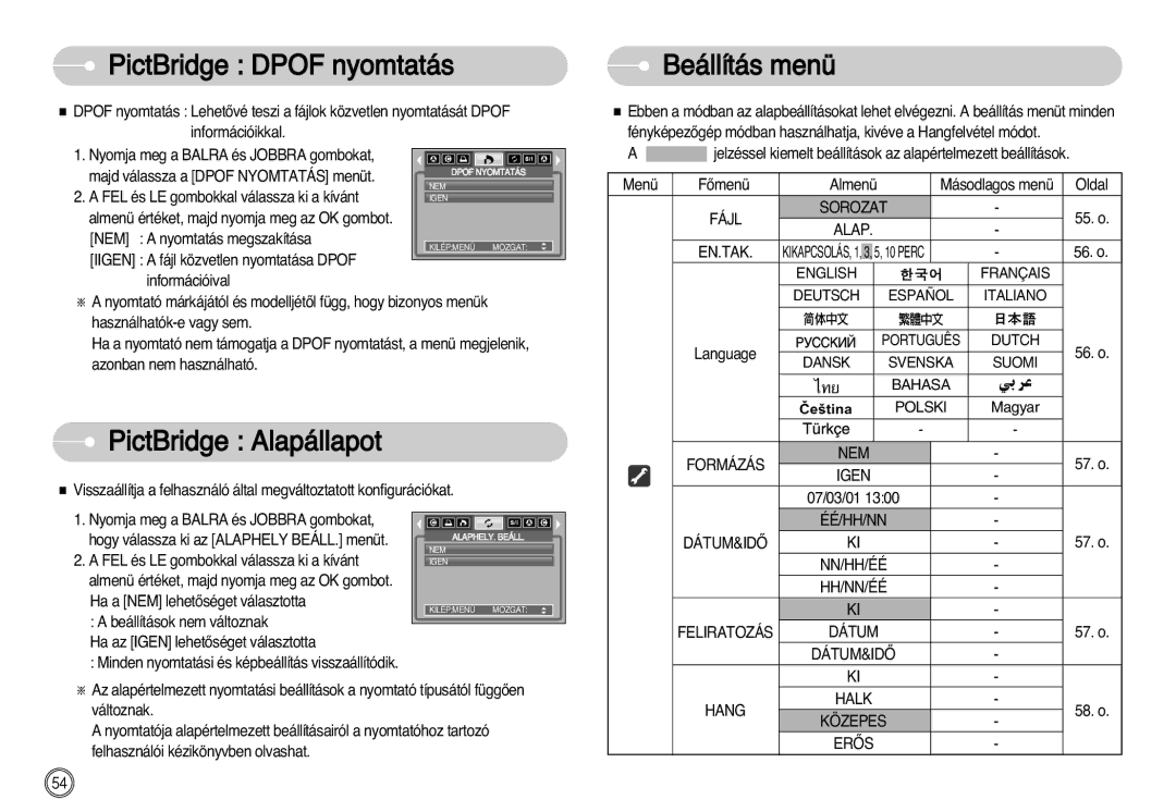 Samsung EC-S1030SBA/E1, EC-S1030SBA/FI, EC-S1030BDC/DE PictBridge Dpof nyomtatás, PictBridge Alapállapot, Beállítás menü 