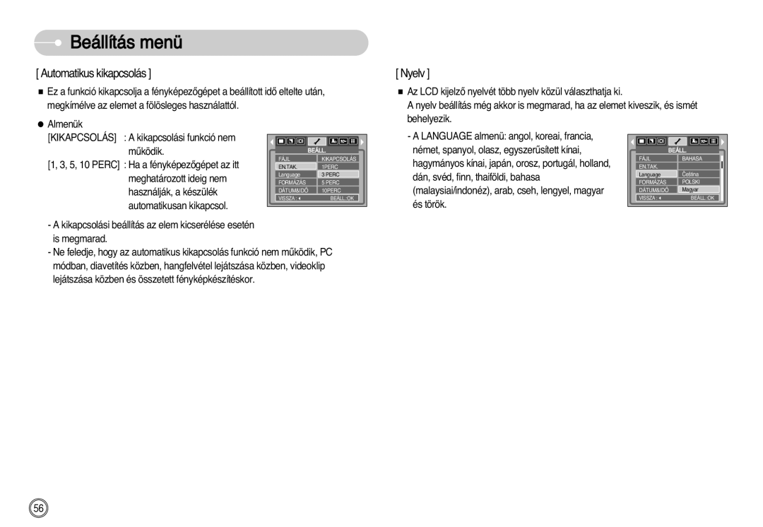 Samsung EC-S1030SBA/FI, EC-S1030SBA/E1, EC-S1030BDC/DE manual Automatikus kikapcsolás, Kikapcsolás 