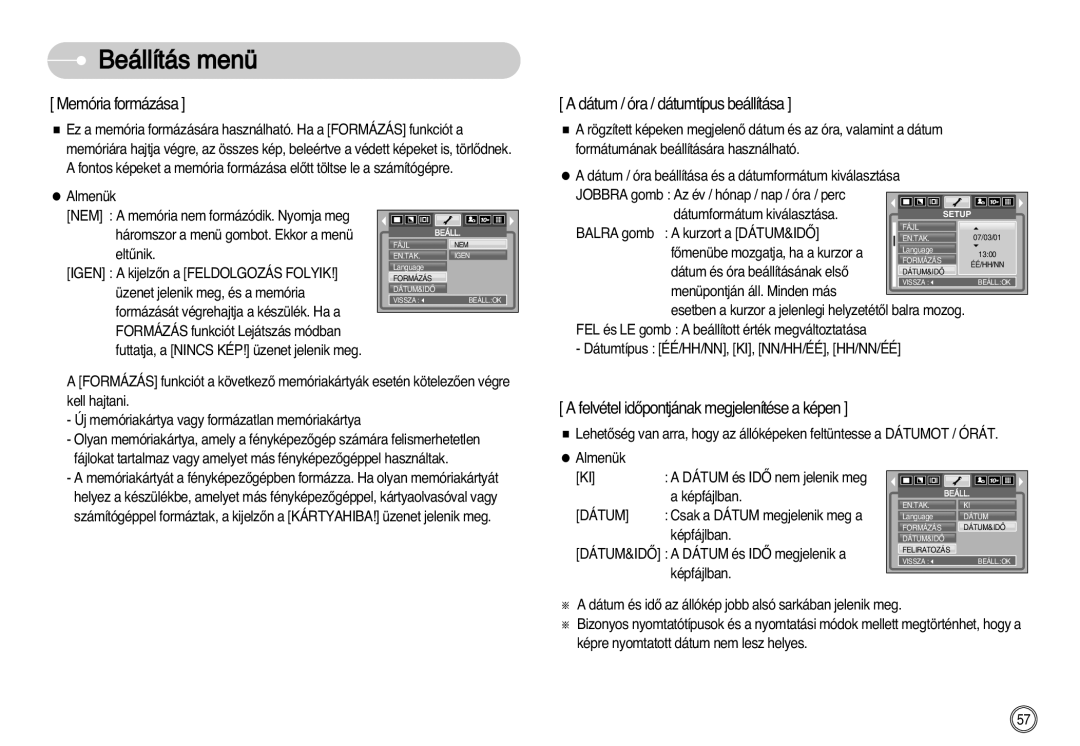 Samsung EC-S1030SBA/E1, EC-S1030SBA/FI, EC-S1030BDC/DE manual Memóriaformázása, Dátum 