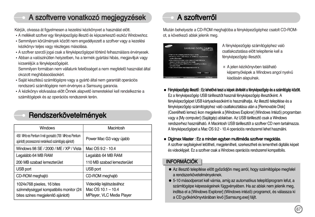 Samsung EC-S1030BDC/DE, EC-S1030SBA/FI manual Szoftverre vonatkozó megjegyzések, Rendszerkövetelmények, SzoftverrŒl 