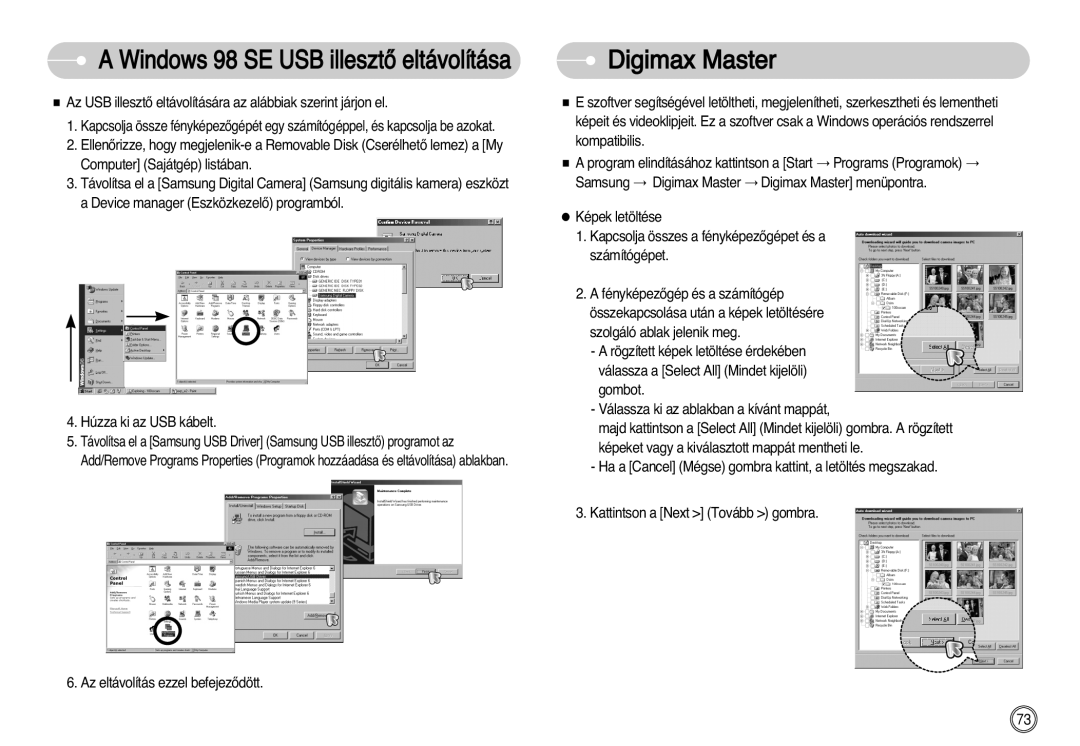 Samsung EC-S1030BDC/DE, EC-S1030SBA/FI, EC-S1030SBA/E1 manual Digimax Master, Windows 98 SE USB illesztŒ eltávolítása 