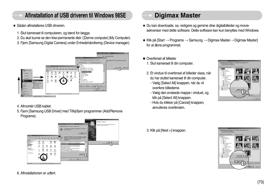 Samsung EC-S1030BBC/E2, EC-S1030SBA/FI, EC-S1030SDC/DE manual Digimax Master, Afinstallation af USB driveren til Windows 98SE 