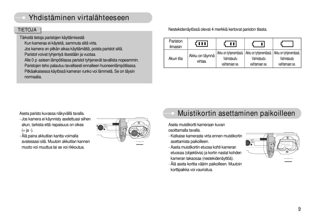 Samsung EC-S1030SBB/E2, EC-S1030SBA/FI, EC-S1030SDC/DE, EC-S1030BDC/DE manual Muistikortin asettaminen paikoilleen, Tietoja 