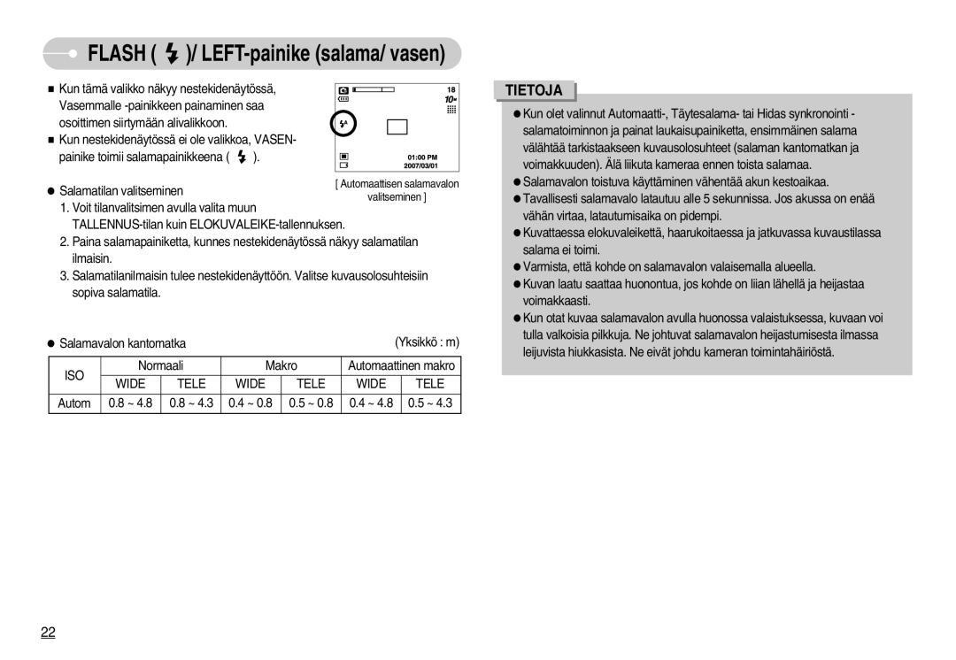 Samsung EC-S1030BDC/DE, EC-S1030SBA/FI, EC-S1030SDC/DE, EC-S1030SBB/E2 manual Flash / LEFT-painike salama/ vasen, Wide Tele 