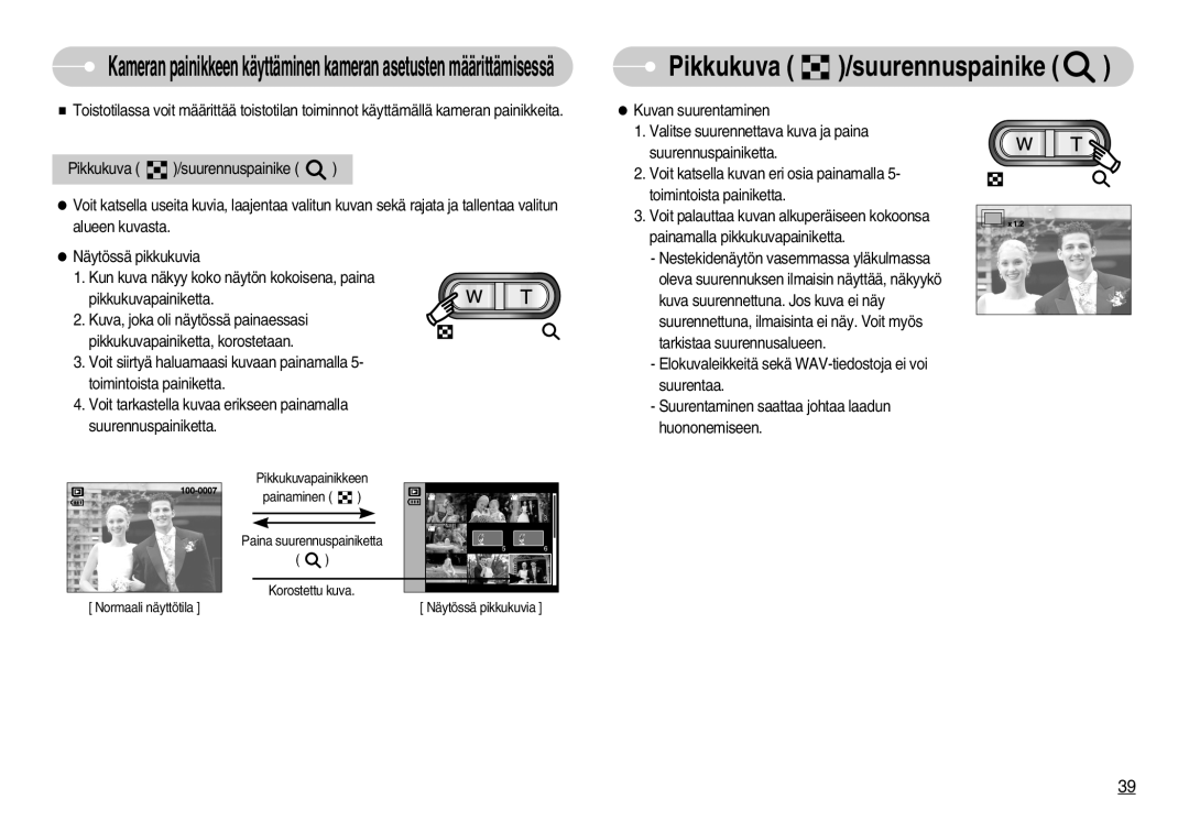 Samsung EC-S1030SBC/E2, EC-S1030SBA/FI, EC-S1030SDC/DE, EC-S1030BDC/DE, EC-S1030SBB/E2 manual Pikkukuva /suurennuspainike 