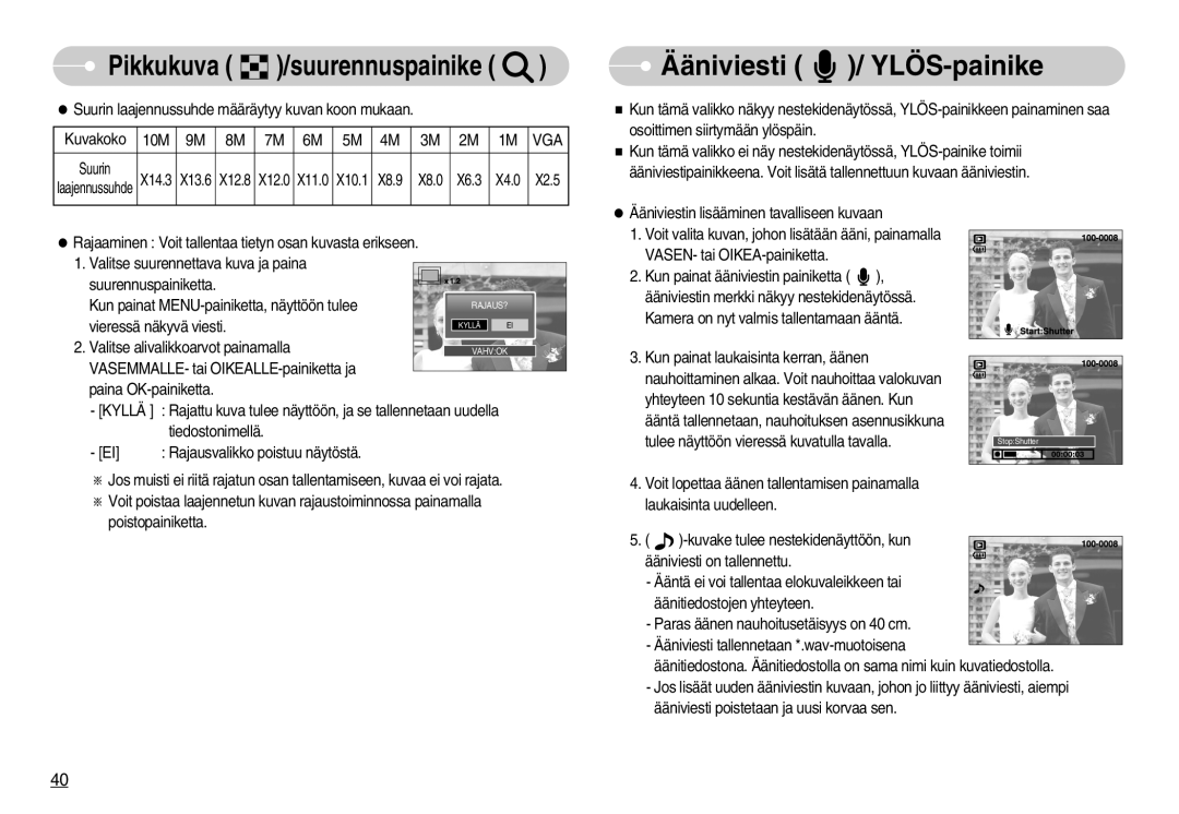 Samsung EC-S1030BBA/FI, EC-S1030SBA/FI, EC-S1030SDC/DE, EC-S1030BDC/DE, EC-S1030SBB/E2 manual Ääniviesti / YLÖS-painike, Vga 