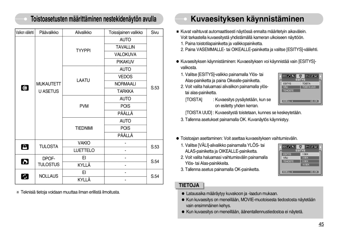 Samsung EC-S1030BBC/E2, EC-S1030SBA/FI, EC-S1030SDC/DE, EC-S1030BDC/DE, EC-S1030SBB/E2 manual Kuvaesityksen käynnistäminen 