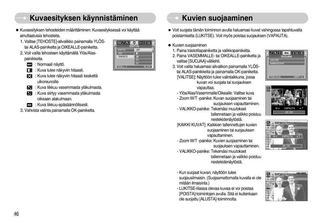 Samsung EC-S1030SBC/E2, EC-S1030SBA/FI, EC-S1030SDC/DE, EC-S1030BDC/DE, EC-S1030SBB/E2, EC-S1030BBC/E2 manual Kuvien suojaaminen 