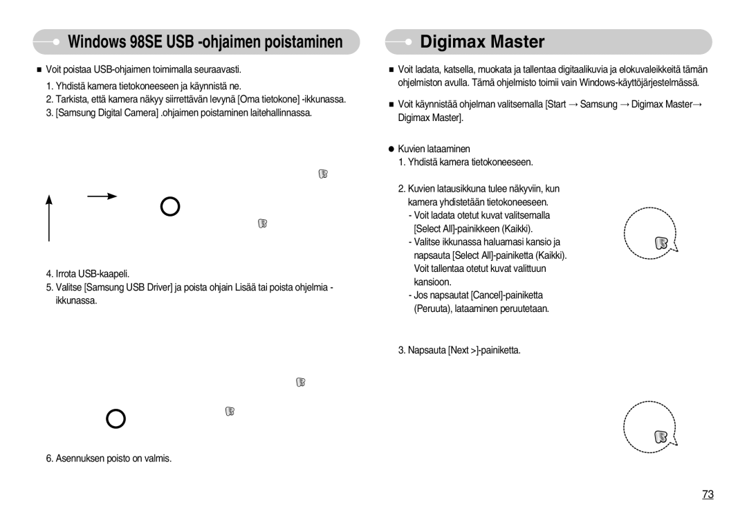 Samsung EC-S1030BBC/E2, EC-S1030SBA/FI, EC-S1030SDC/DE manual Digimax Master, Windows 98SE USB -ohjaimen poistaminen 