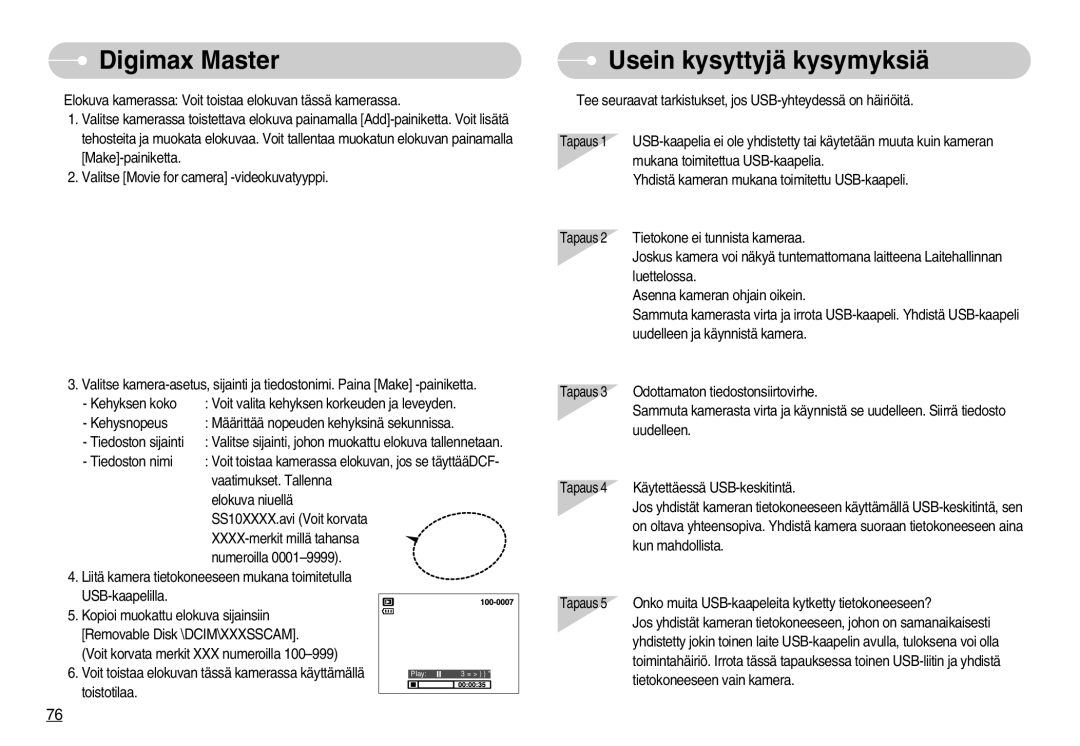 Samsung EC-S1030SBA/FI, EC-S1030SDC/DE, EC-S1030BDC/DE, EC-S1030SBB/E2, EC-S1030BBC/E2 manual Usein kysyttyjä kysymyksiä 