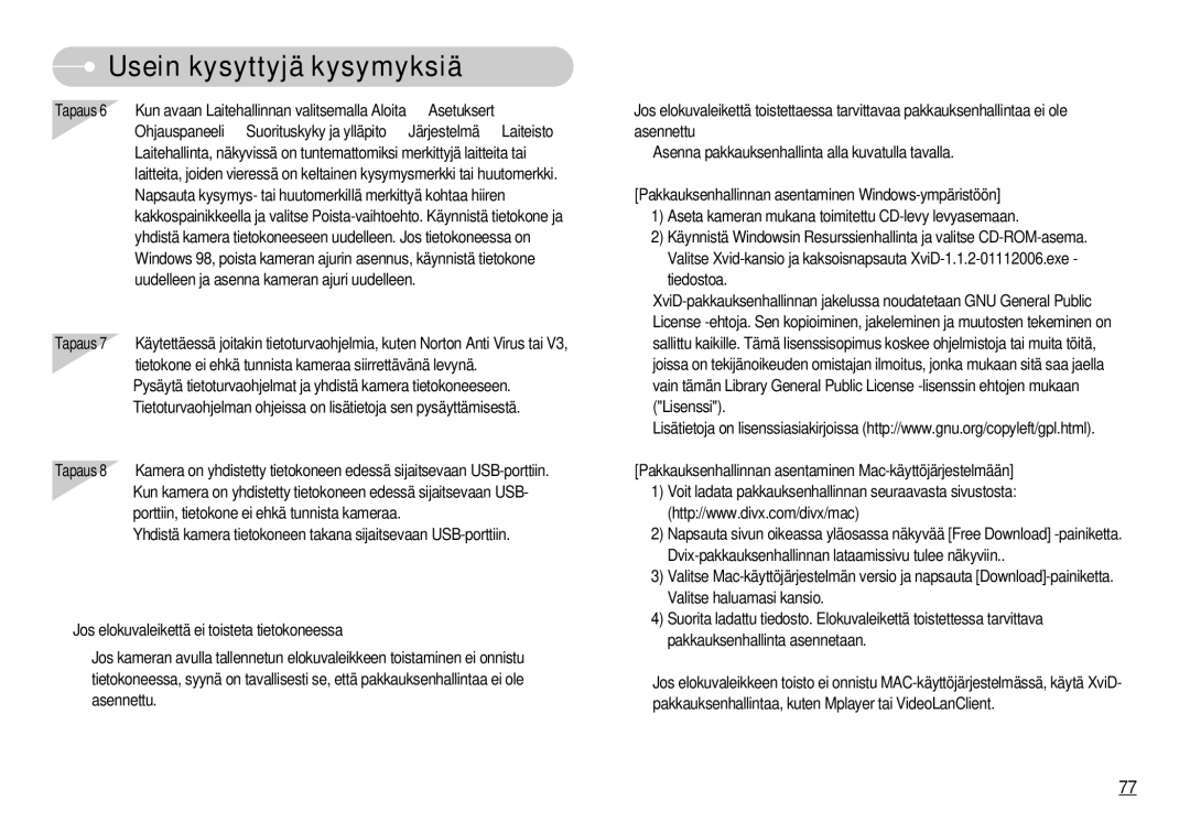 Samsung EC-S1030SDC/DE, EC-S1030SBA/FI, EC-S1030BDC/DE, EC-S1030SBB/E2, EC-S1030BBC/E2 manual Usein kysyttyjä kysymyksiä 