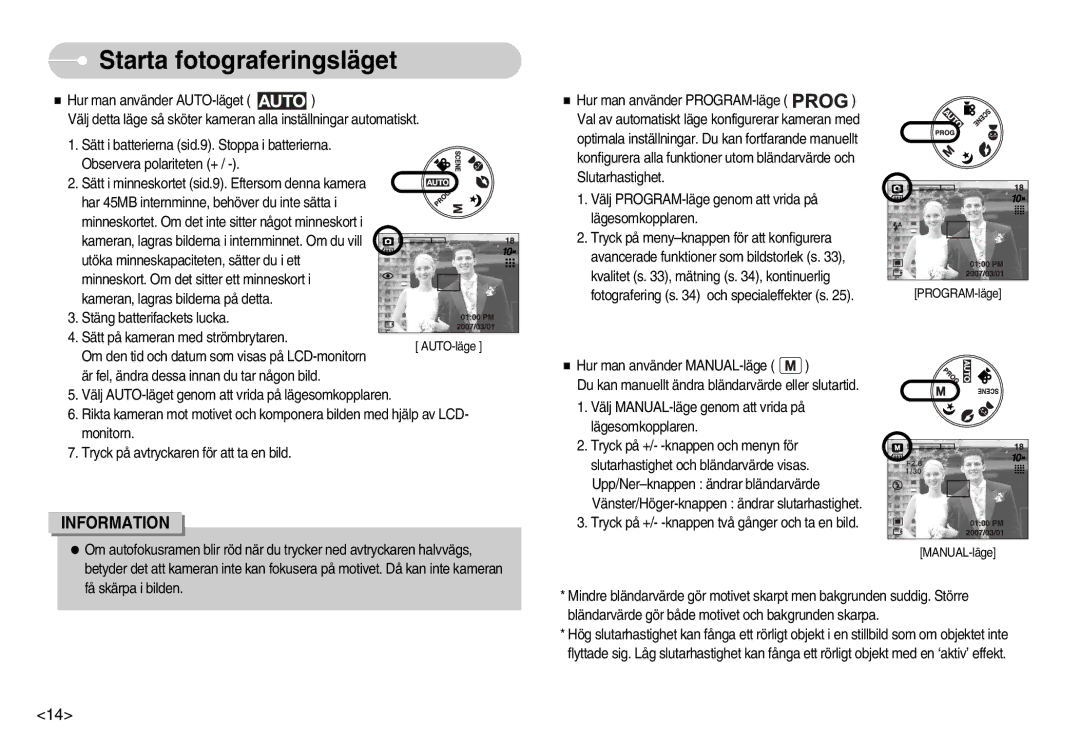 Samsung EC-S1030SDC/DE, EC-S1030SBA/FI, EC-S1030BDC/DE, EC-S1030SBB/E2, EC-S1030BBC/E2 manual Starta fotograferingsläget 