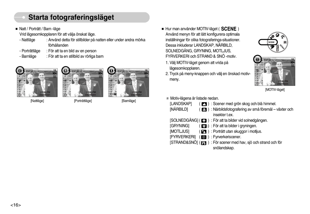 Samsung EC-S1030SBB/E2, EC-S1030SBA/FI, EC-S1030SDC/DE manual Landskap, Solnedgång, Gryning, Motljus, Fyrverkeri, Strand&Snö 