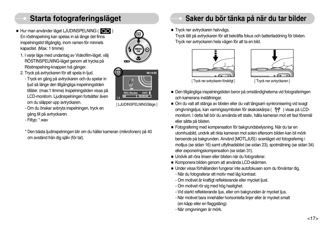 Samsung EC-S1030BBC/E2, EC-S1030SBA/FI, EC-S1030SDC/DE, EC-S1030BDC/DE manual Saker du bör tänka på när du tar bilder 