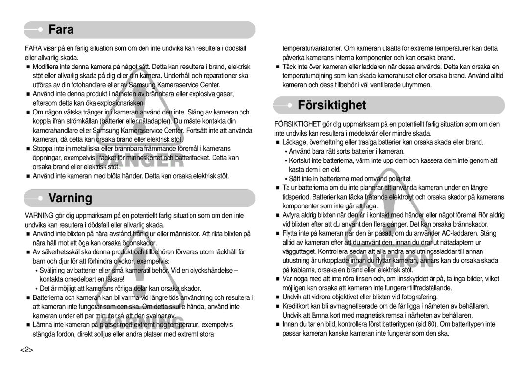 Samsung EC-S1030SBB/E2, EC-S1030SBA/FI, EC-S1030SDC/DE, EC-S1030BDC/DE, EC-S1030BBC/E2 manual Fara, Varning, Försiktighet 