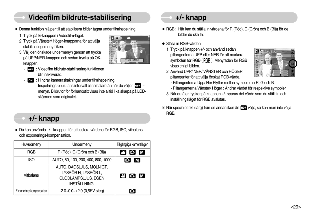 Samsung EC-S1030BDC/DE, EC-S1030SBA/FI, EC-S1030SDC/DE Videofilm bildrute-stabilisering, +/- knapp, AUTO, DAGSLJUS, Molnigt 