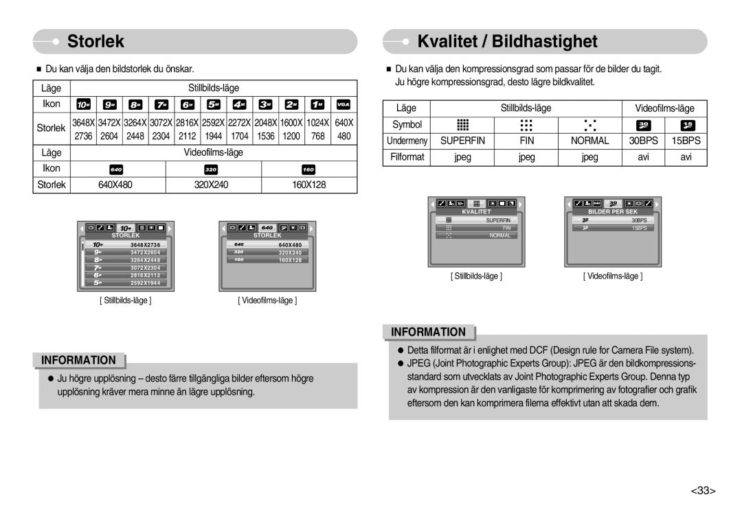 Samsung EC-S1030BBA/FI, EC-S1030SBA/FI, EC-S1030SDC/DE Storlek, Kvalitet / Bildhastighet, Superfin FIN Normal 30BPS 15BPS 