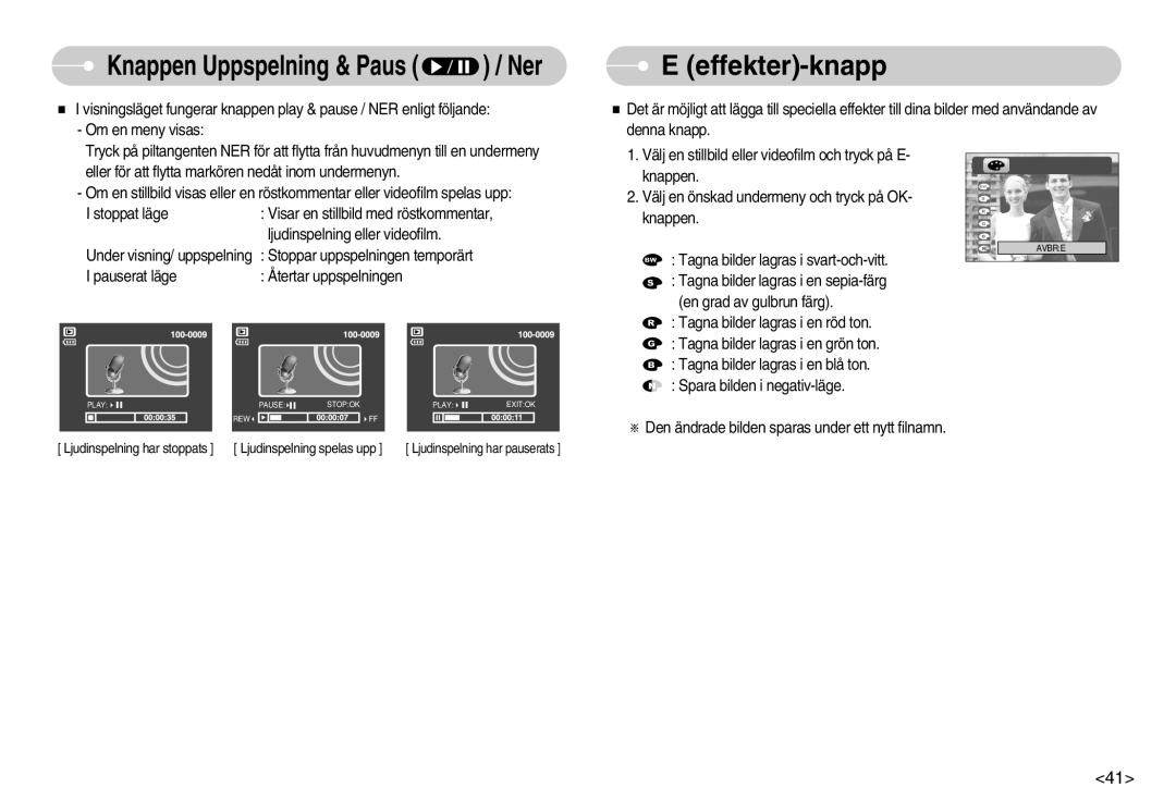 Samsung EC-S1030SBA/FI, EC-S1030SDC/DE, EC-S1030BDC/DE, EC-S1030SBB/E2, EC-S1030BBC/E2 manual Knappen Uppspelning & Paus / Ner 