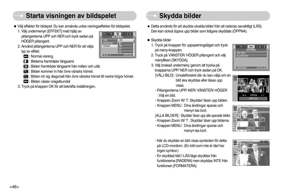 Samsung EC-S1030SBC/E2, EC-S1030SBA/FI, EC-S1030SDC/DE, EC-S1030BDC/DE manual Starta visningen av bildspelet, Skydda bilder 