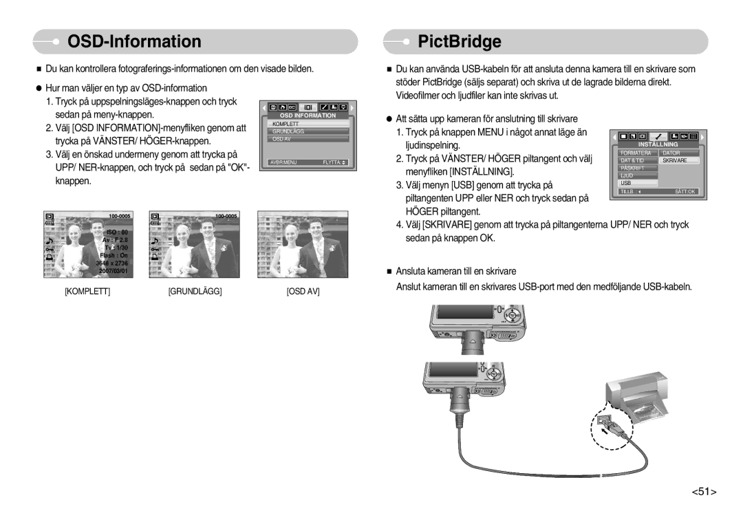 Samsung EC-S1030SBB/E2, EC-S1030SBA/FI, EC-S1030SDC/DE, EC-S1030BDC/DE, EC-S1030BBC/E2 manual OSD-Information, PictBridge 