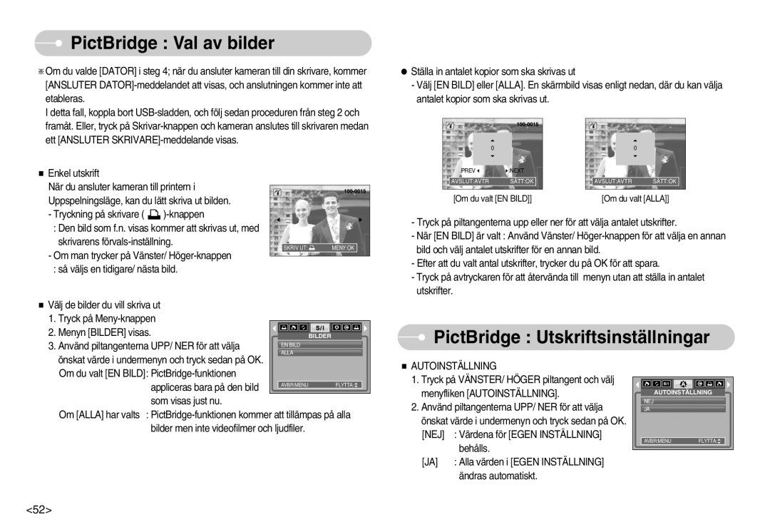 Samsung EC-S1030BBC/E2, EC-S1030SBA/FI manual PictBridge Val av bilder, PictBridge Utskriftsinställningar, Autoinställning 