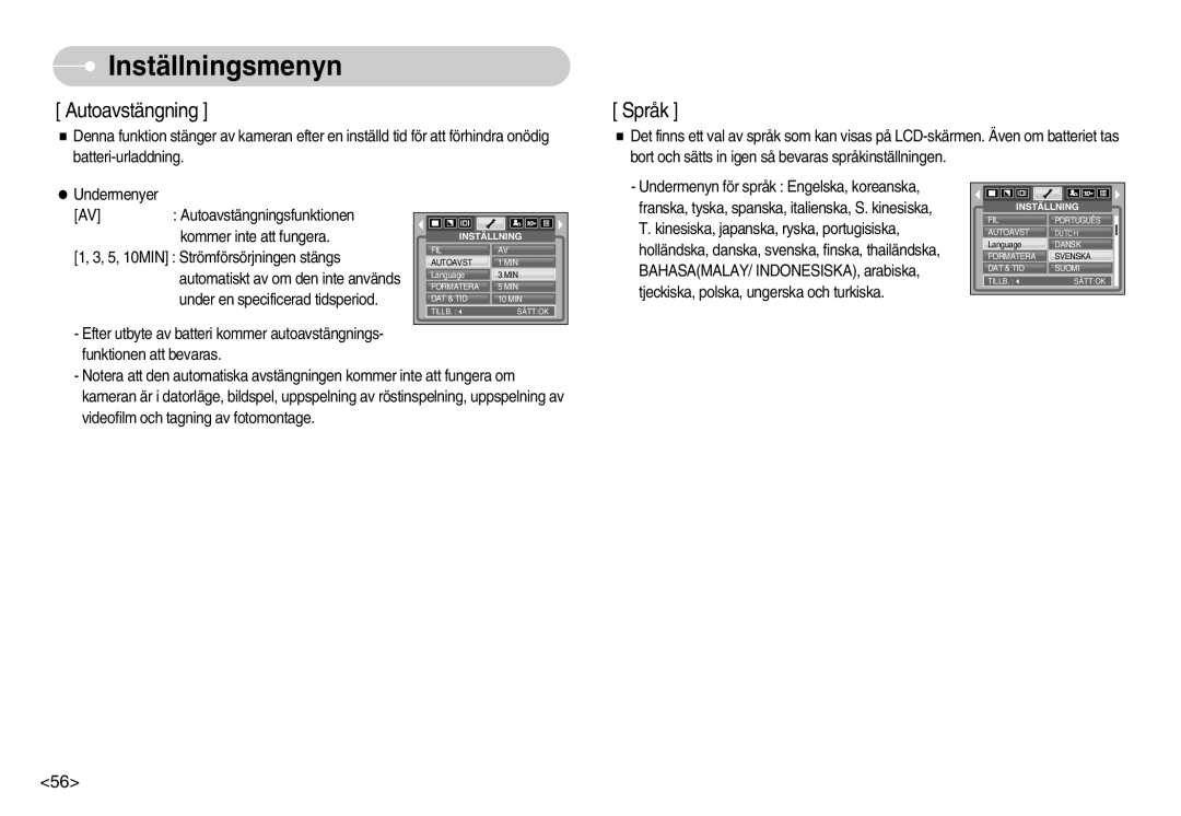 Samsung EC-S1030SDC/DE, EC-S1030SBA/FI, EC-S1030BDC/DE, EC-S1030SBB/E2, EC-S1030BBC/E2, EC-S1030SBC/E2 manual Autoavstängning 