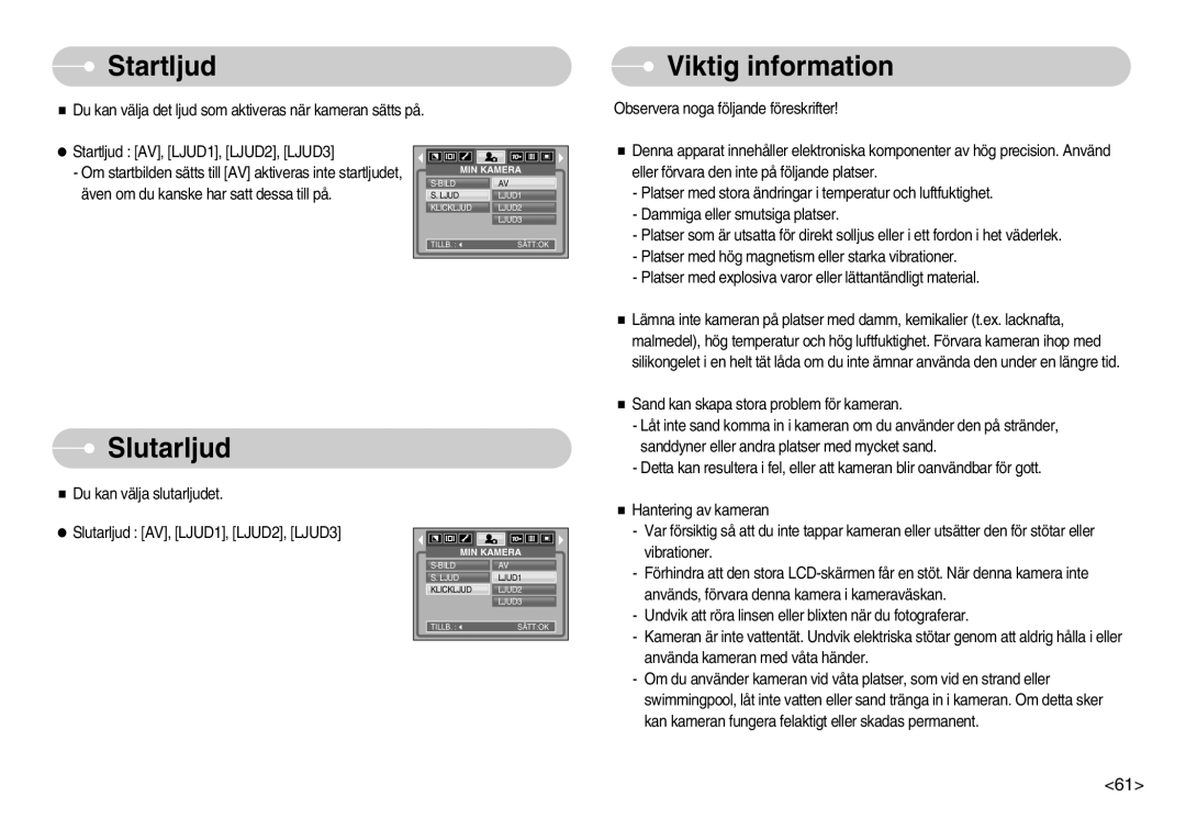 Samsung EC-S1030BBA/FI, EC-S1030SBA/FI, EC-S1030SDC/DE, EC-S1030BDC/DE manual Startljud, Viktig information, Slutarljud 