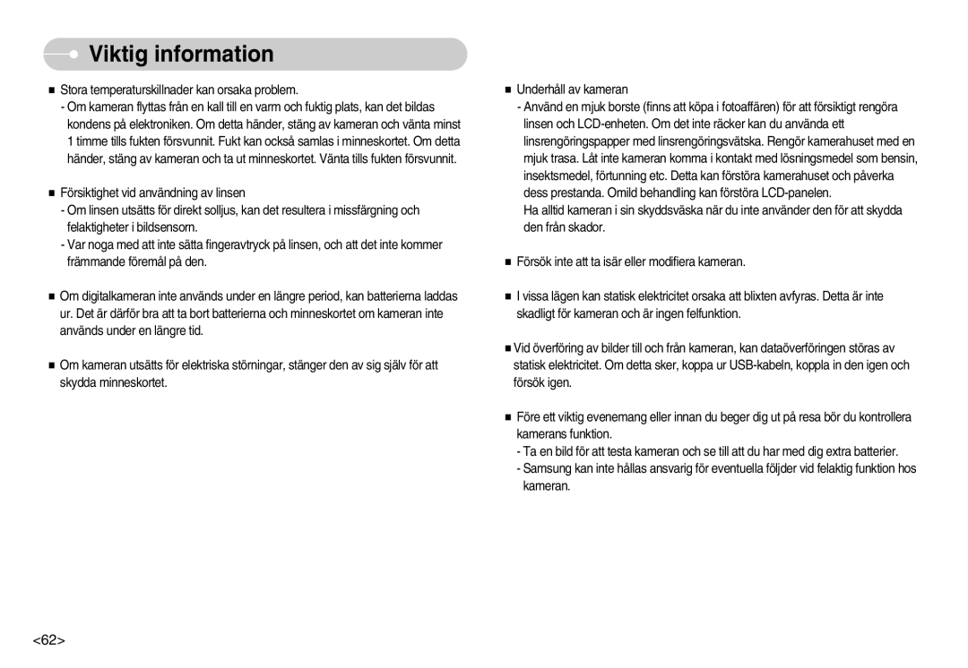 Samsung EC-S1030SBA/FI, EC-S1030SDC/DE, EC-S1030BDC/DE, EC-S1030SBB/E2, EC-S1030BBC/E2, EC-S1030SBC/E2 manual Viktig information 