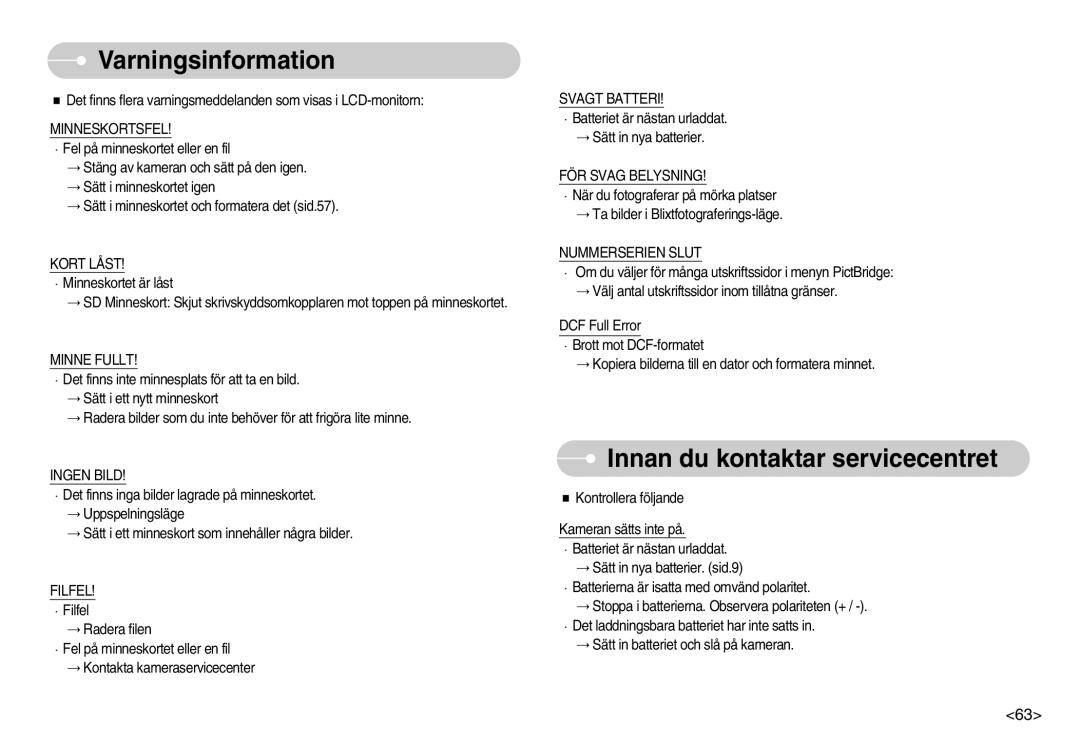 Samsung EC-S1030SDC/DE, EC-S1030SBA/FI, EC-S1030BDC/DE manual Varningsinformation, Innan du kontaktar servicecentret 