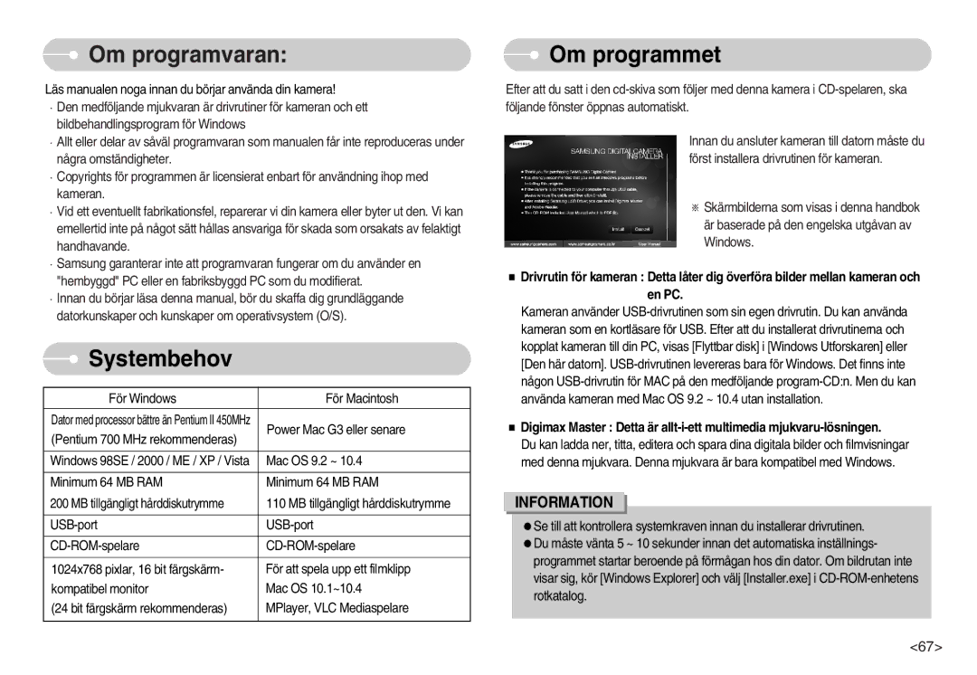 Samsung EC-S1030SBC/E2, EC-S1030SBA/FI, EC-S1030SDC/DE, EC-S1030BDC/DE manual Om programvaran, Systembehov, Om programmet 