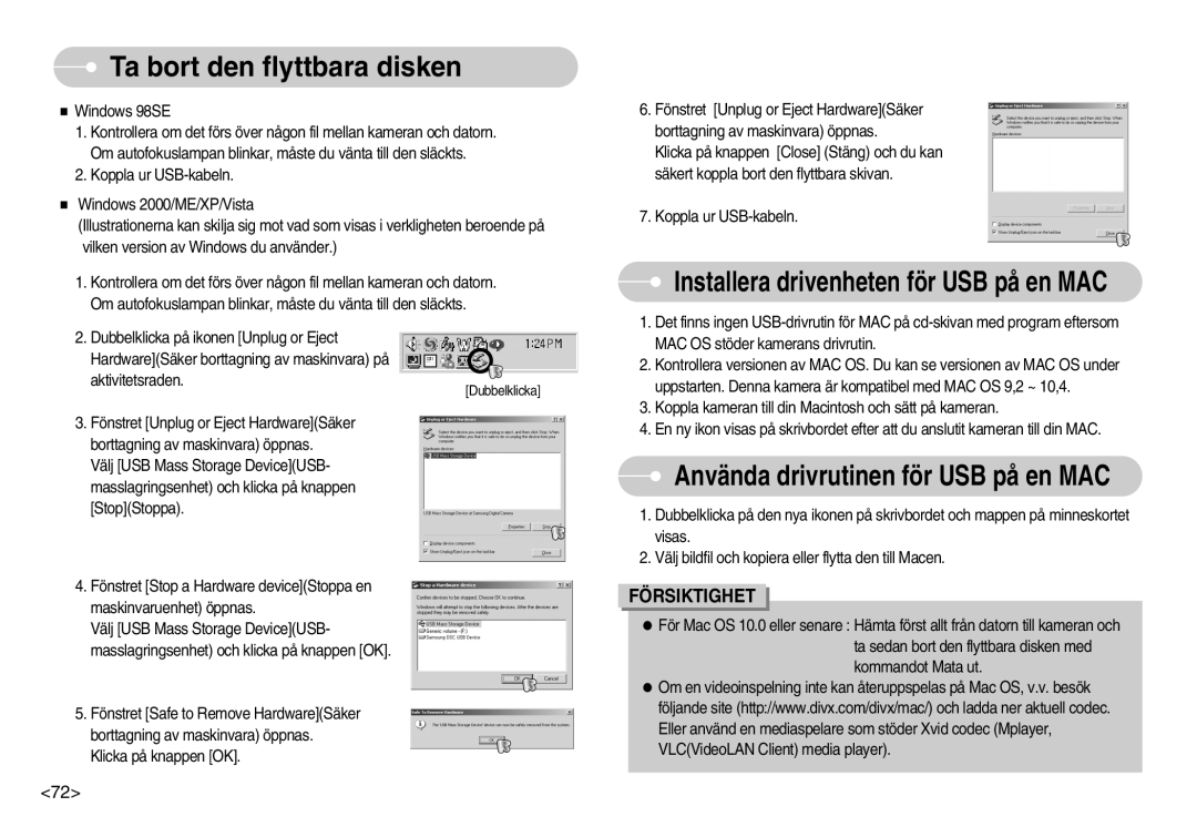 Samsung EC-S1030SBB/E2, EC-S1030SBA/FI manual Ta bort den flyttbara disken, Installera drivenheten för USB på en MAC 