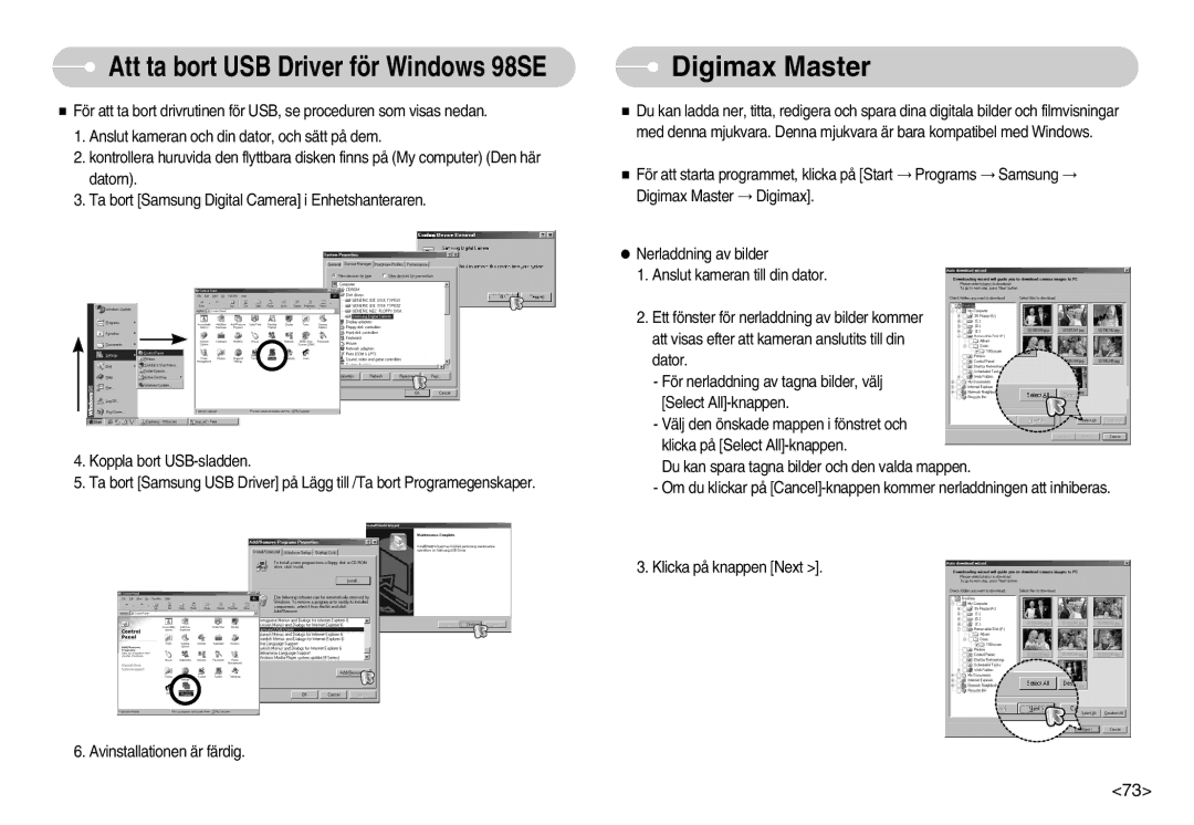 Samsung EC-S1030BBC/E2, EC-S1030SBA/FI, EC-S1030SDC/DE manual Digimax Master, Att ta bort USB Driver för Windows 98SE 