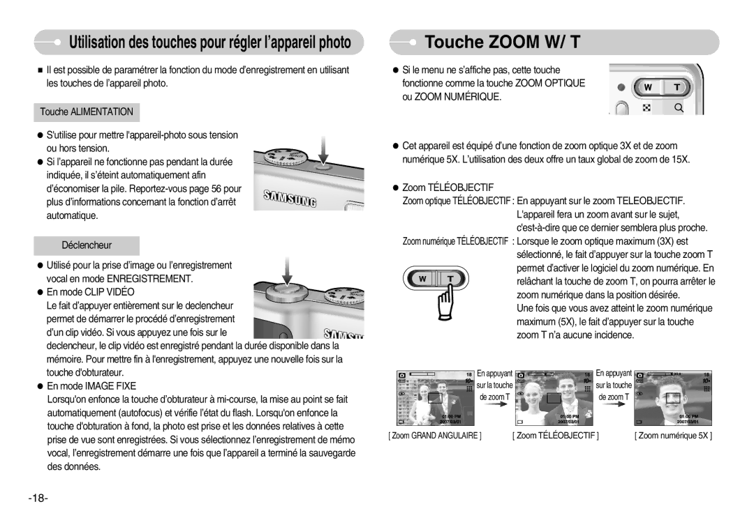 Samsung EC-S1030SBA/FI, EC-S1030SBA/FR manual Touche Zoom W/ T, Utilisation des touches pour régler l’appareil photo 