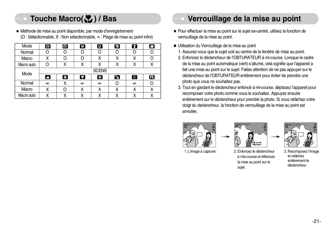 Samsung EC-S1030SBA/E1, EC-S1030SBA/FR, EC-S1030SBA/FI manual Touche Macro / Bas Verrouillage de la mise au point, Mode 