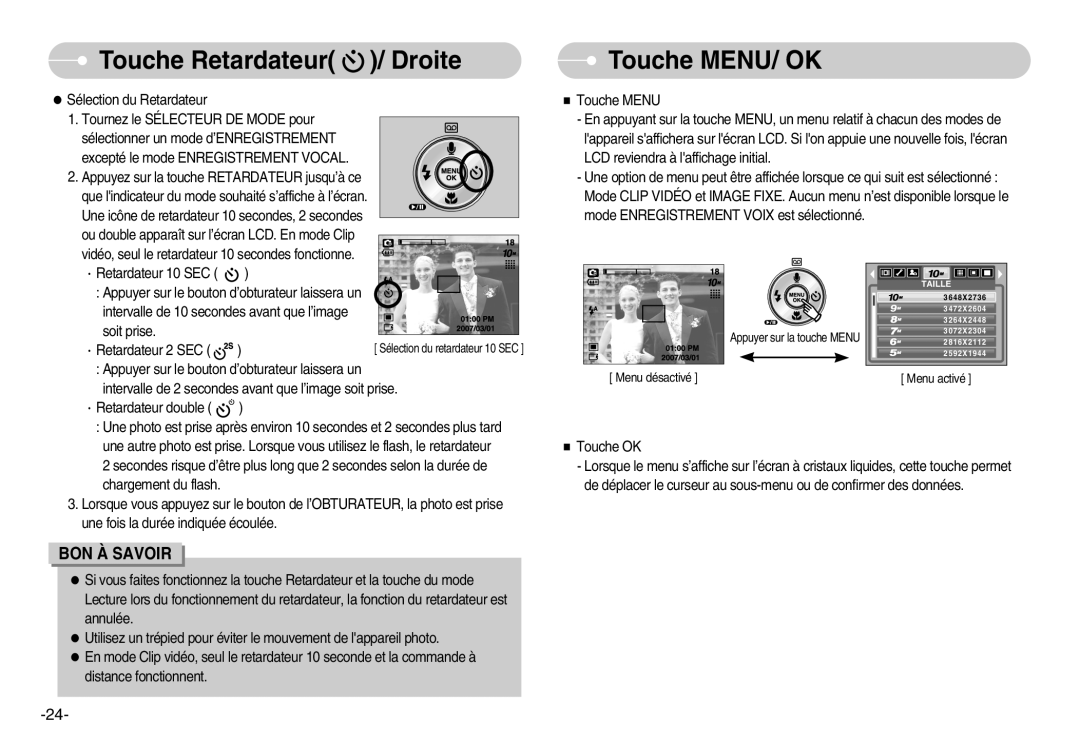 Samsung EC-S1030SBB/E2, EC-S1030SBA/FR, EC-S1030SBA/FI, EC-S1030SDC/DE, EC-S1030SBB/FR, EC-S1030SBA/E1 manual Touche MENU/ OK 