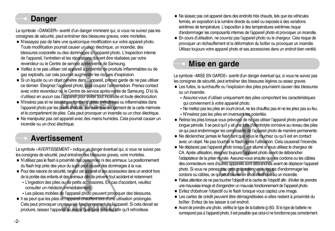 Samsung EC-S1030SBB/FR, EC-S1030SBA/FR, EC-S1030SBA/FI, EC-S1030SDC/DE, EC-S1030SBA/E1 manual Avertissement, Mise en garde 