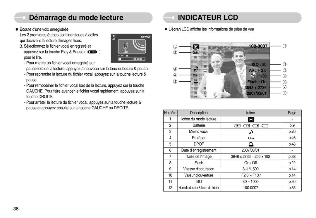 Samsung EC-S1030SBB/FR Numéro, Icône Icône du mode lecture Batterie Mémo vocal, Date d’enregistrement 2007/03/01, 80 ~ 
