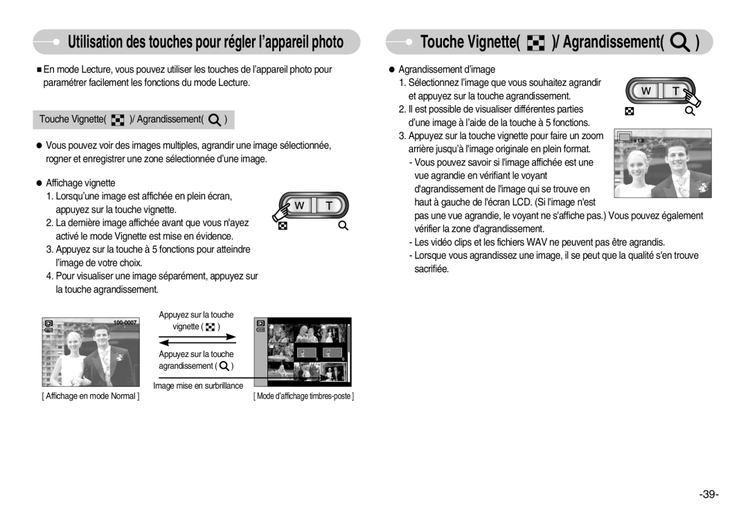 Samsung EC-S1030SBA/E1, EC-S1030SBA/FR, EC-S1030SBA/FI, EC-S1030SDC/DE, EC-S1030SBB/FR manual Touche Vignette / Agrandissement 