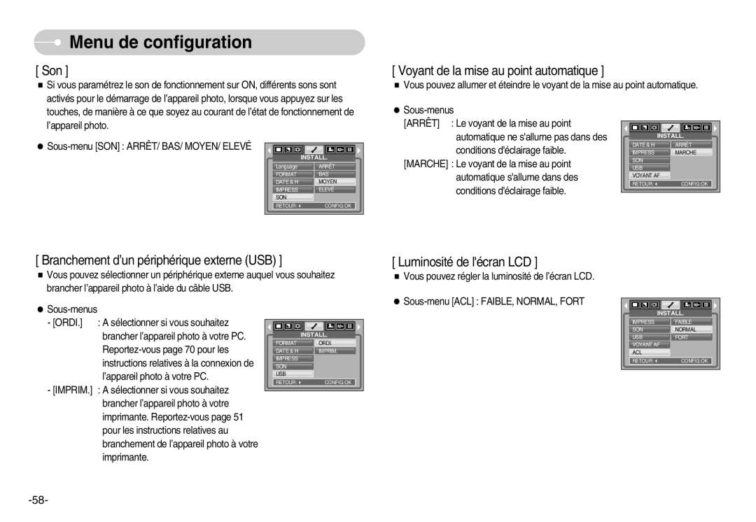 Samsung EC-S1030BBB/FR, EC-S1030SBA/FR manual Sous-menu SON ARRÊT/ BAS/ MOYEN/ Elevé, Sous-menu ACL FAIBLE, NORMAL, Fort 