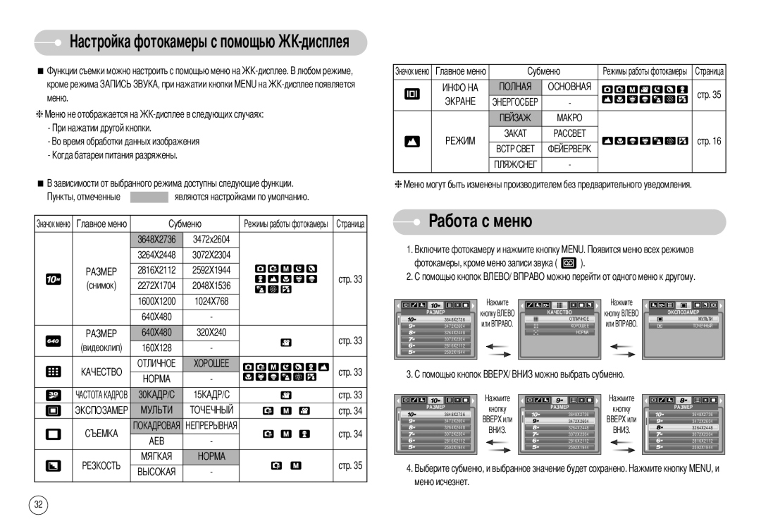 Samsung EC-S1030SBA/RU, EC-S1030SBB/RU, STW-S1030S, STW-S1030B, EC-S1030BBA/RU, EC-S1030BBB/RU manual Абота с меню 