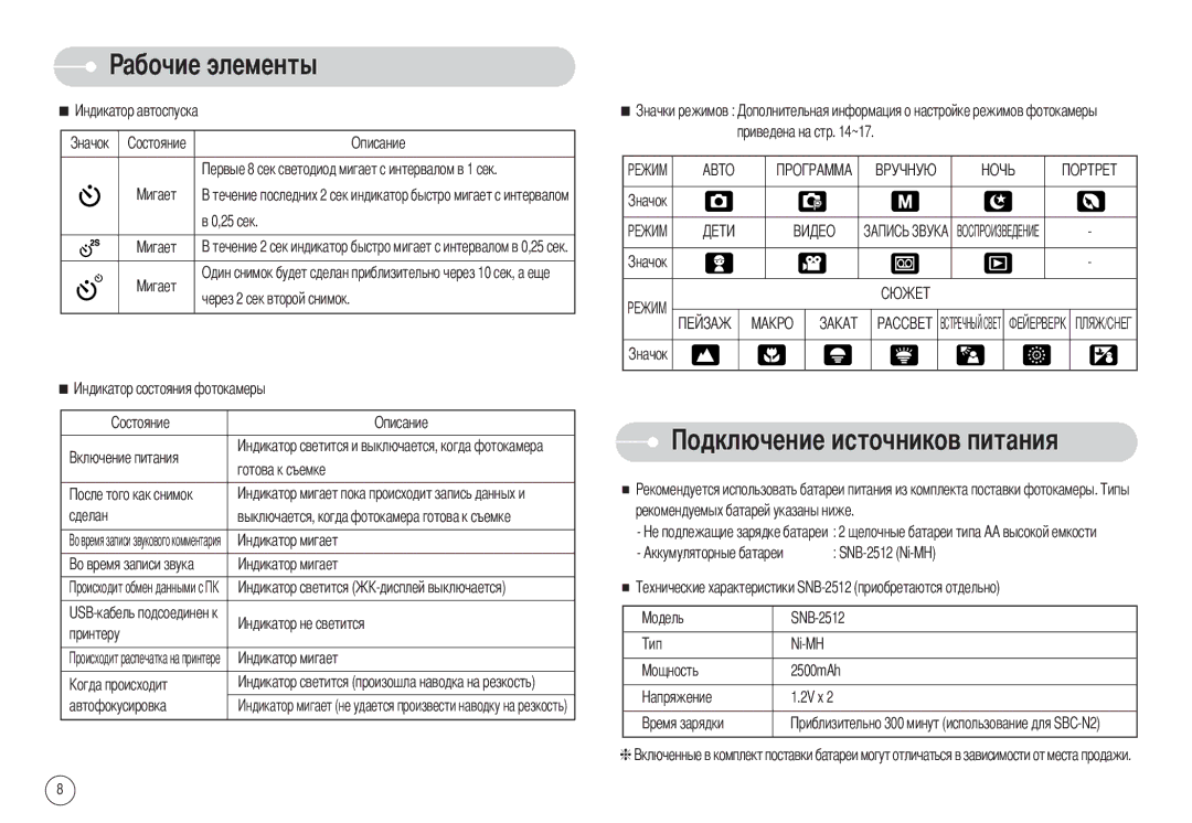 Samsung EC-S1030SBA/RU manual Чников питания, Принтеру Автофокусировка Приведена на стр ~17, SNB-2512 Ni-MH 2500mAh 2V x 