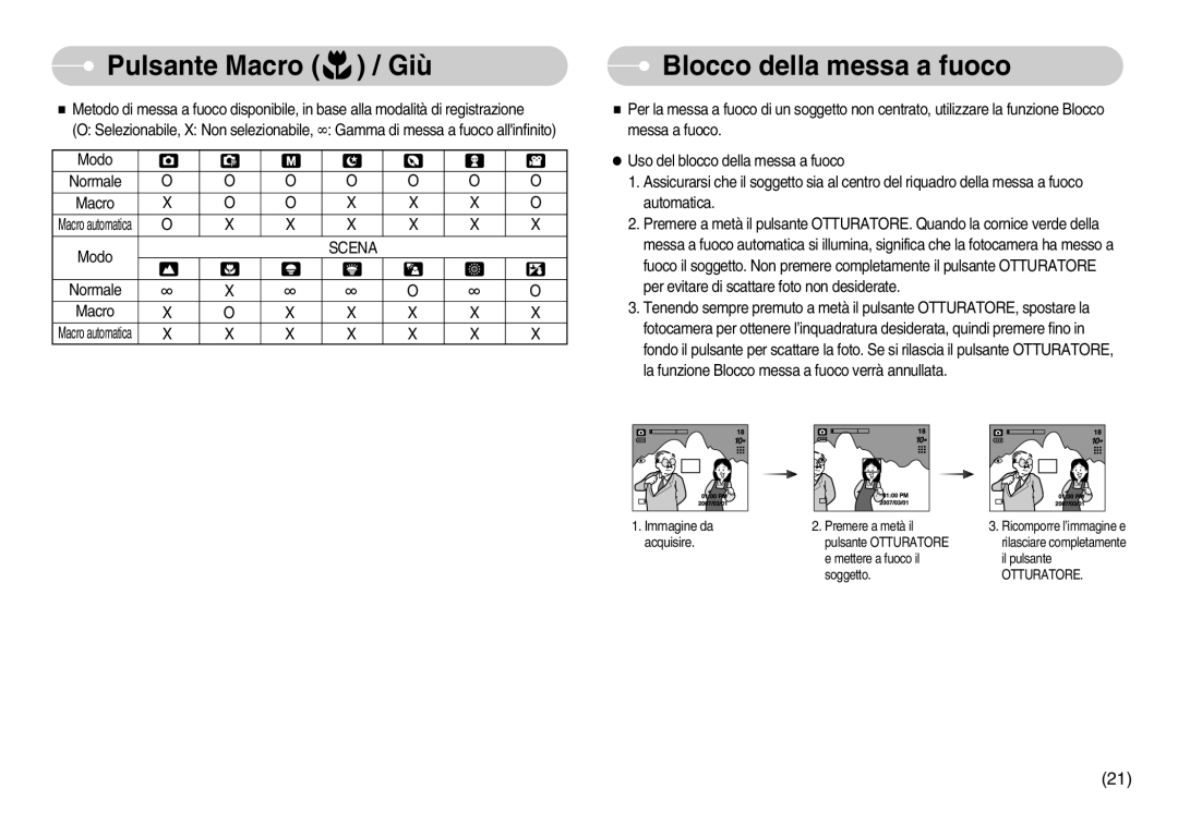 Samsung EC-S1030BBB/IT, EC-S1030SDC/DE, EC-S1030SBA/E1 manual Pulsante Macro / Giù Blocco della messa a fuoco, Scena 