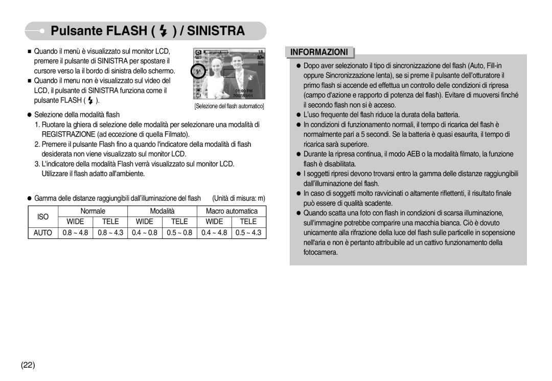 Samsung EC-S1030SBA/IT, EC-S1030SDC/DE, EC-S1030SBA/E1, EC-S1030BDC/DE manual Pulsante Flash / Sinistra, Iso, Wide Tele Auto 