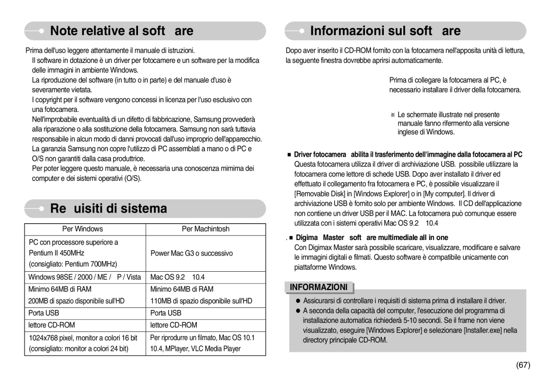 Samsung EC-S1030SBA/IT, EC-S1030SDC/DE, EC-S1030SBA/E1, EC-S1030BDC/DE manual Requisiti di sistema, Informazioni sul software 