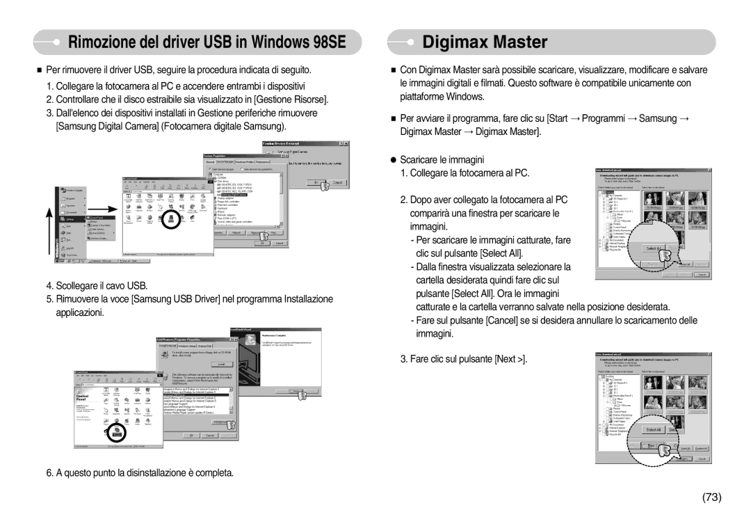 Samsung EC-S1030BDC/DE, EC-S1030SDC/DE, EC-S1030SBA/E1 manual Digimax Master, Rimozione del driver USB in Windows 98SE 