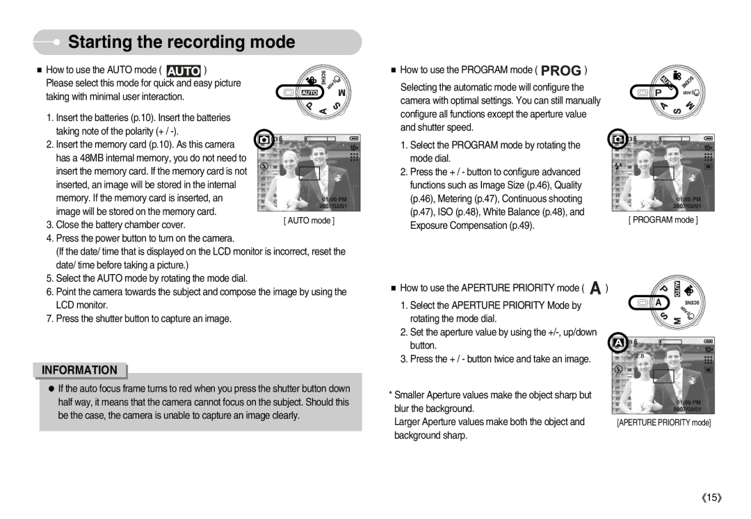 Samsung EC-S1050SDB/AS, EC-S1050BDA/DE, EC-S1050SBB/E2, EC-S1050SBA/FR, EC-S1050BBA/FR, STC-S1050S Starting the recording mode 