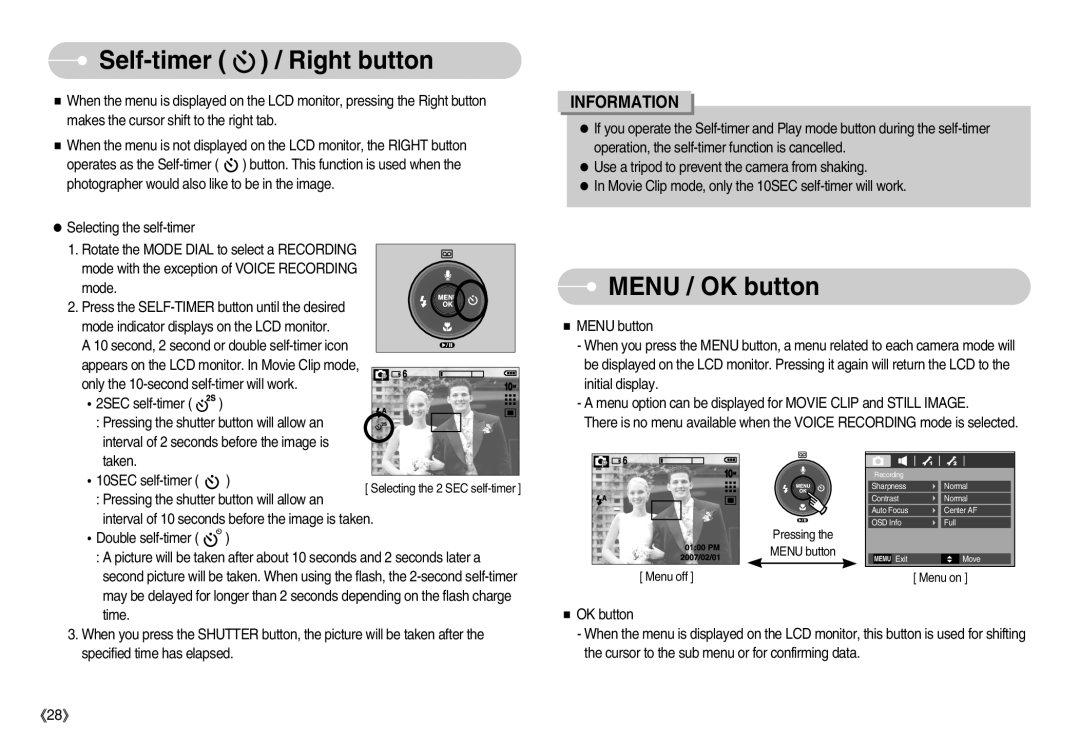 Samsung EC-S1050SDA/SP, EC-S1050BDA/DE, EC-S1050SBB/E2, EC-S1050SBA/FR manual Self-timer / Right button, Menu / OK button 