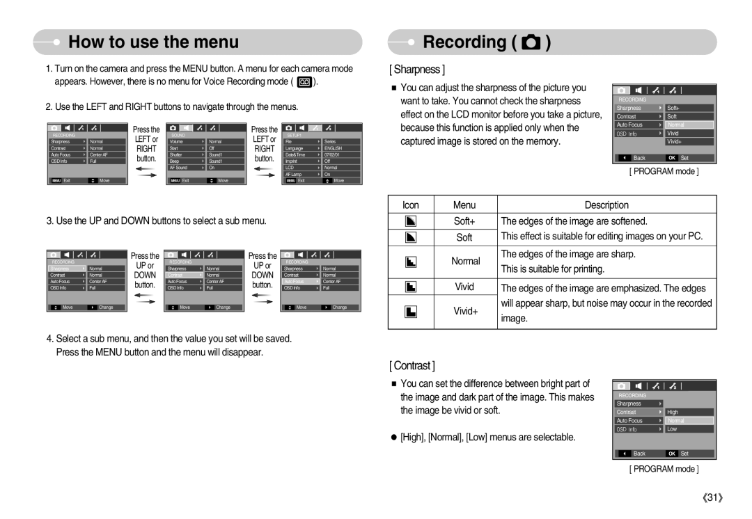 Samsung EC-S1050BBC/E2, EC-S1050BDA/DE, EC-S1050SBB/E2, EC-S1050SBA/FR, EC-S1050BBA/FR manual How to use the menu, Recording 