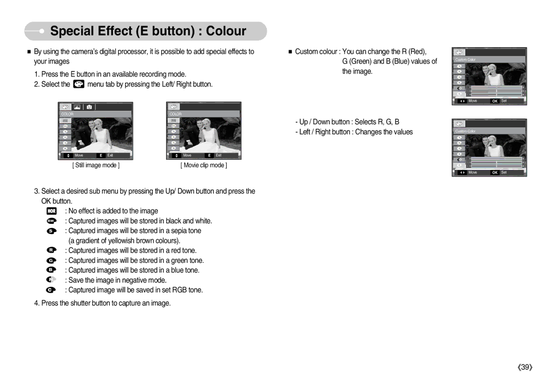 Samsung EC-S1050BBA/RU, EC-S1050BDA/DE, EC-S1050SBB/E2, EC-S1050SBA/FR, EC-S1050BBA/FR manual Special Effect E button Colour 