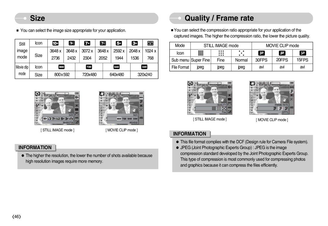 Samsung EC-S1050SFB/FR, EC-S1050BDA/DE, EC-S1050SBB/E2, EC-S1050SBA/FR, EC-S1050BBA/FR manual Size Quality / Frame rate, Avi 